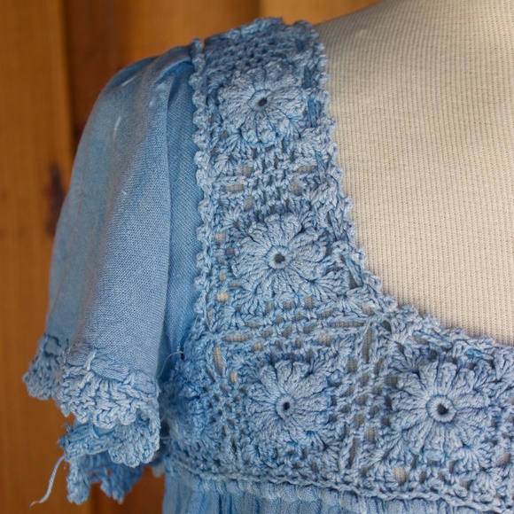 Vintage 70's Boho Handmade 100% Cotton Knit/Crochet Blue Midi Tiered Dress - Picture 7 of 17